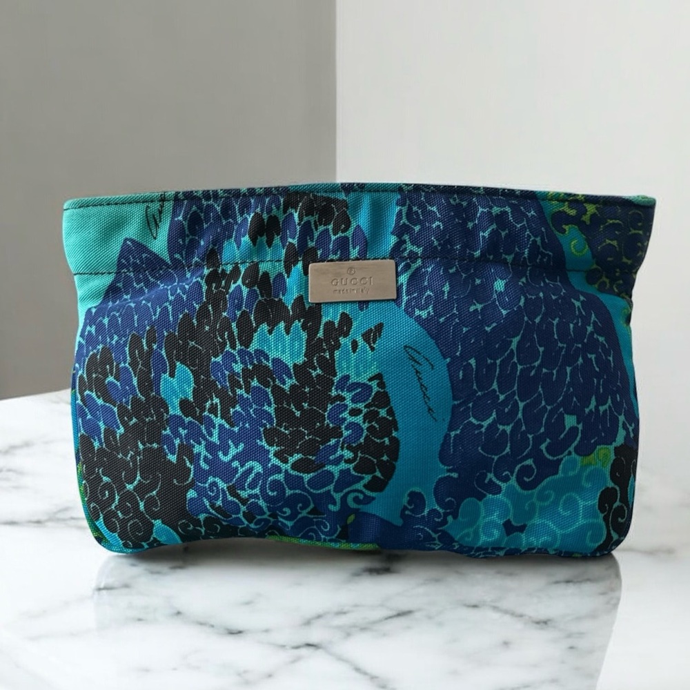 GUCCI Vintage Blue Green Abstract Print Cosmetic Pouch Makeup Bag Rare Authentic